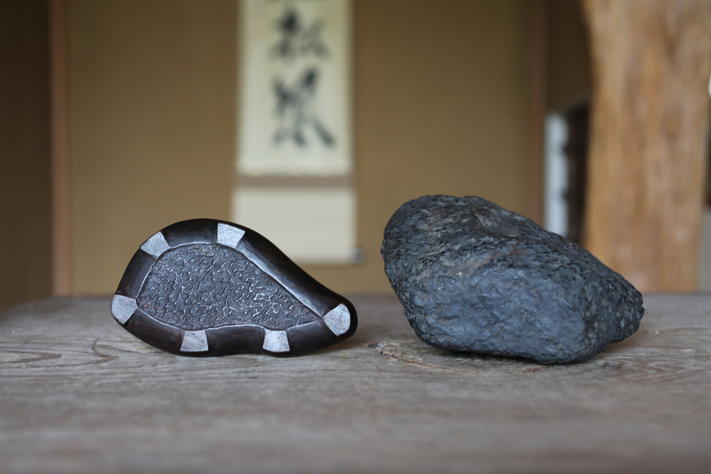 Japanese old "SUISEKI", scholars stone, indoor viewing stone, natural shaped, with a hand carved pedestal Power stone H5.5xW6.7in/14x17cm