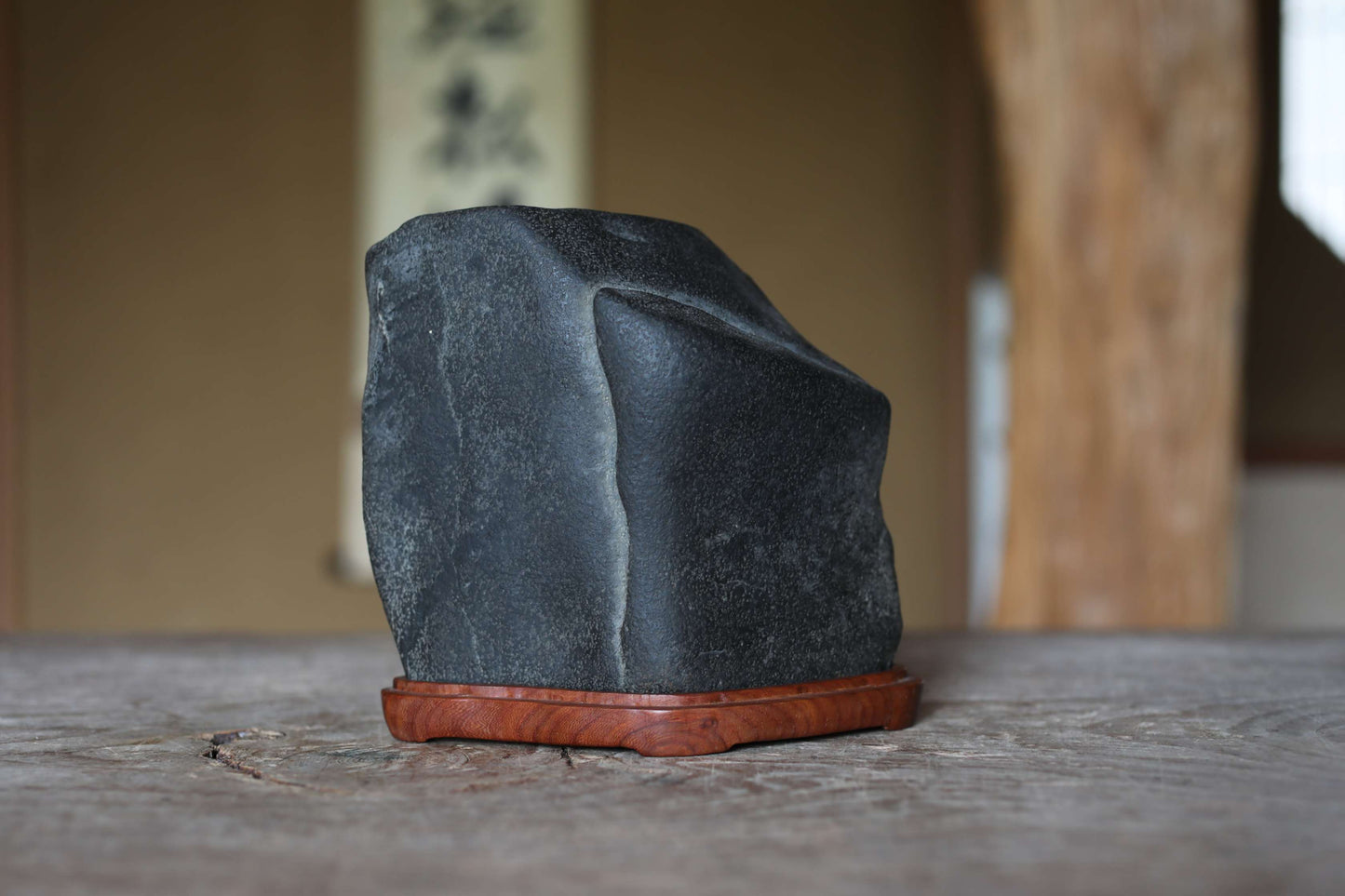 Japanese old "SUISEKI" scholars stone, indoor viewing stone, Seta-gawa stone, with a hand carved pedestal  H6.1xW6.3in/15.5x16cm