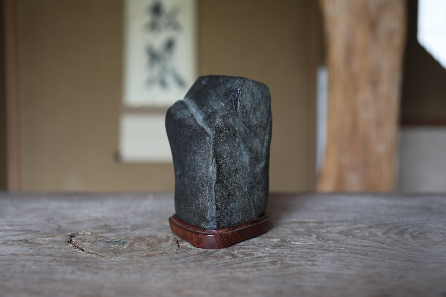 Japanese old "SUISEKI" scholars stone, indoor viewing stone, Seta-gawa stone, with a hand carved pedestal  H6.1xW6.3in/15.5x16cm