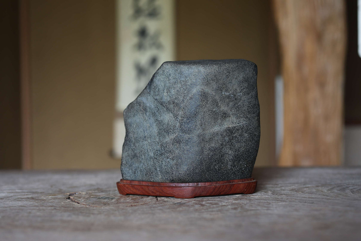 Japanese old "SUISEKI" scholars stone, indoor viewing stone, Seta-gawa stone, with a hand carved pedestal  H6.1xW6.3in/15.5x16cm