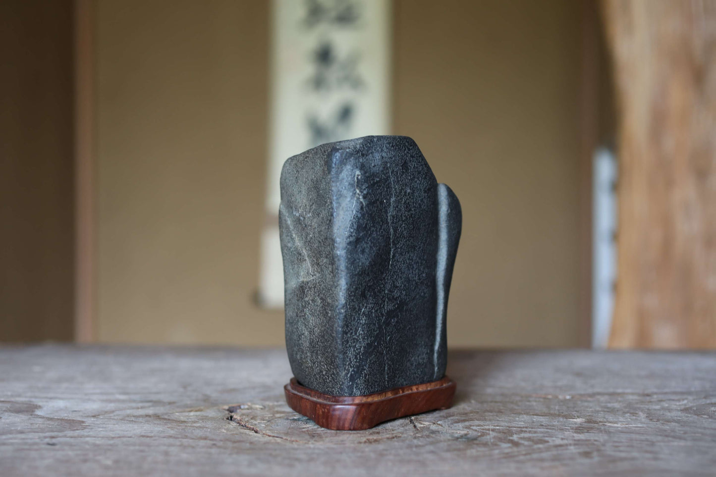 Japanese old "SUISEKI" scholars stone, indoor viewing stone, Seta-gawa stone, with a hand carved pedestal  H6.1xW6.3in/15.5x16cm