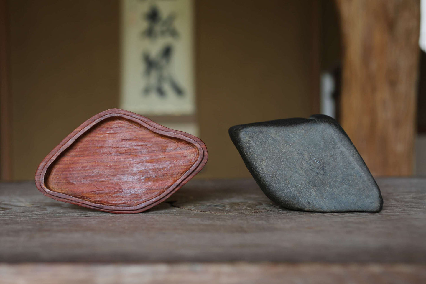 Japanese old "SUISEKI" scholars stone, indoor viewing stone, Seta-gawa stone, with a hand carved pedestal  H6.1xW6.3in/15.5x16cm