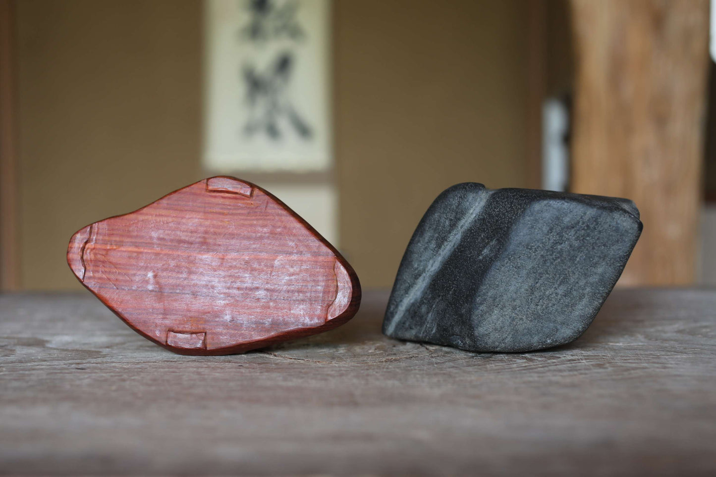 Japanese old "SUISEKI" scholars stone, indoor viewing stone, Seta-gawa stone, with a hand carved pedestal  H6.1xW6.3in/15.5x16cm