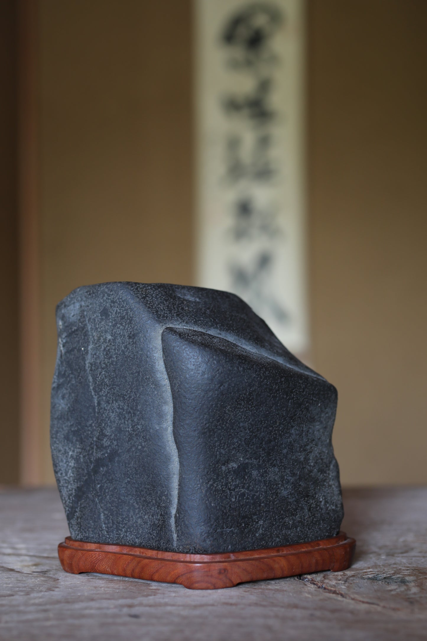 Japanese old "SUISEKI" scholars stone, indoor viewing stone, Seta-gawa stone, with a hand carved pedestal  H6.1xW6.3in/15.5x16cm