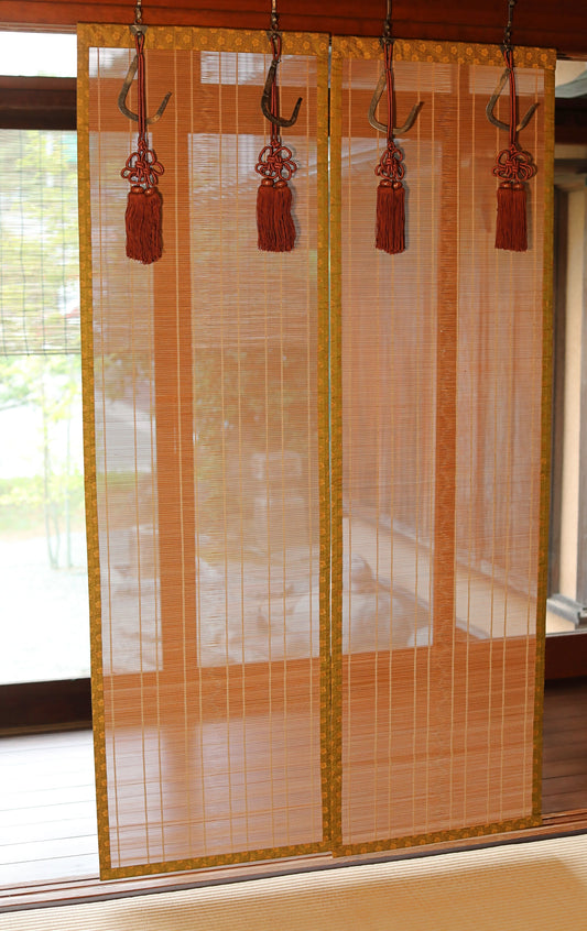 Japanese furniture a pair of bamboo screen, Window Screen Shade Blind hanging roll with silk, hook, tassel H68.1xW20.1in /  H173×W51cm