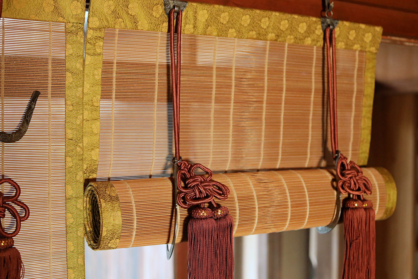 Japanese furniture a pair of bamboo screen, Window Screen Shade Blind hanging roll with silk, hook, tassel H68.1xW20.1in /  H173×W51cm