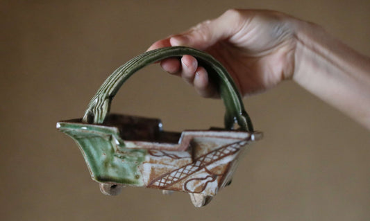 Antique Oribe Ceramic Plate with Handle, Japanese Tea Ceremony Dish