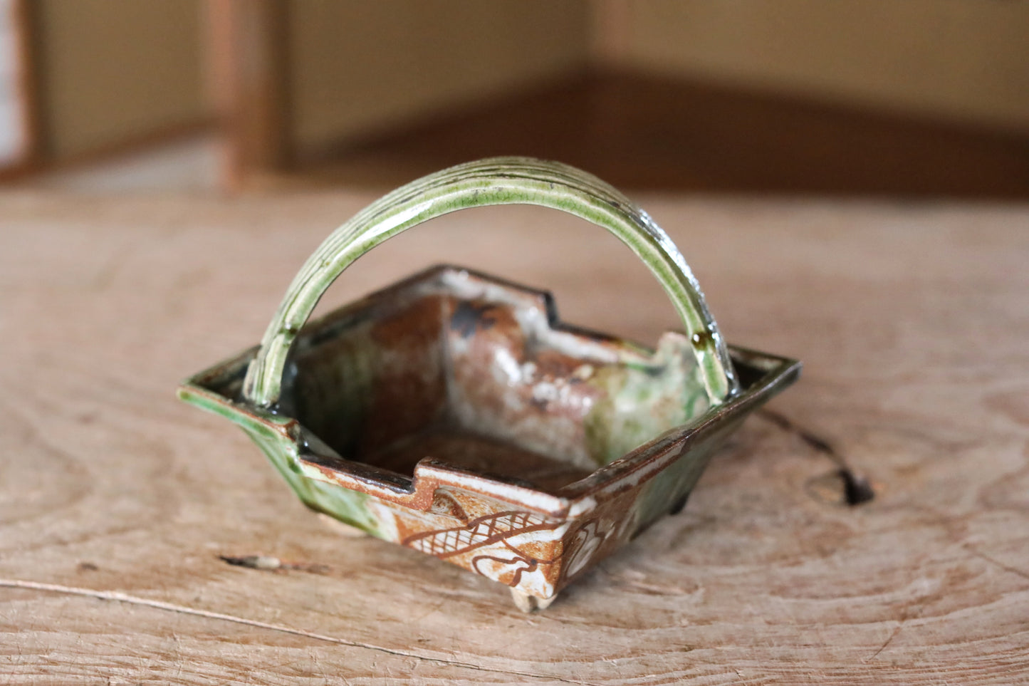 Antique Oribe Ceramic Plate with Handle, Japanese Tea Ceremony Dish