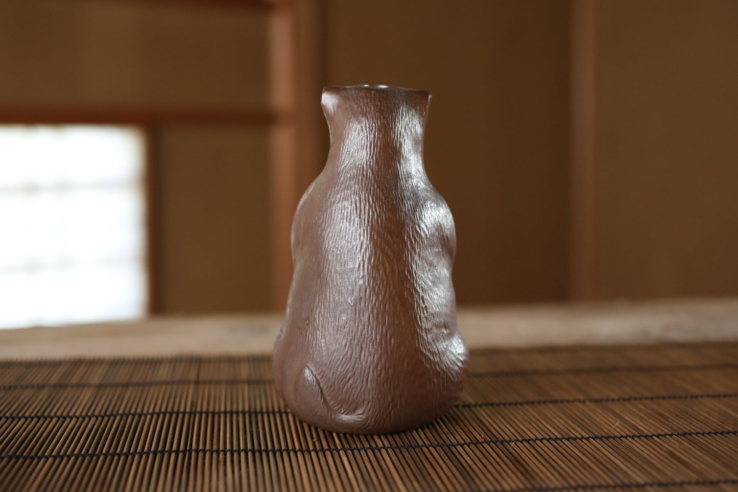 Vintage Bizen Pottery Raccoon Dog Sake Bottle, Japanese animal