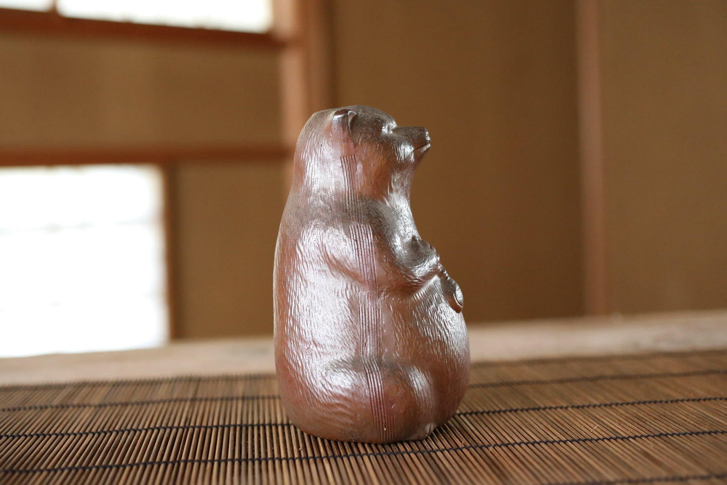 Vintage Bizen Pottery Raccoon Dog Sake Bottle, Japanese animal