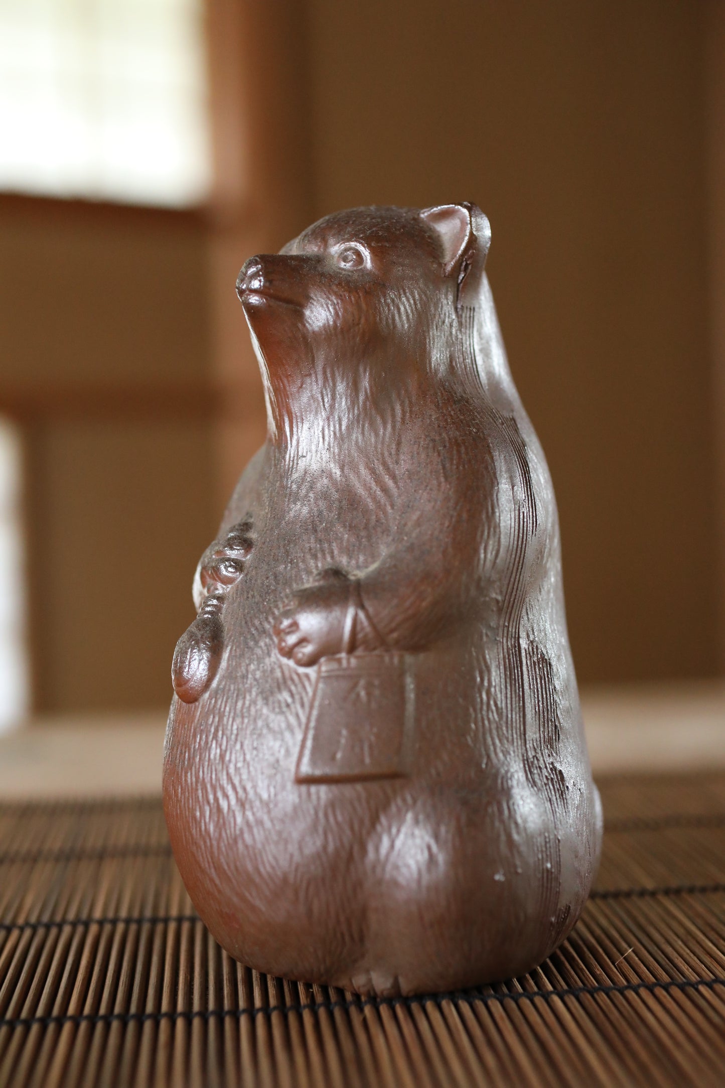 Vintage Bizen Pottery Raccoon Dog Sake Bottle, Japanese animal