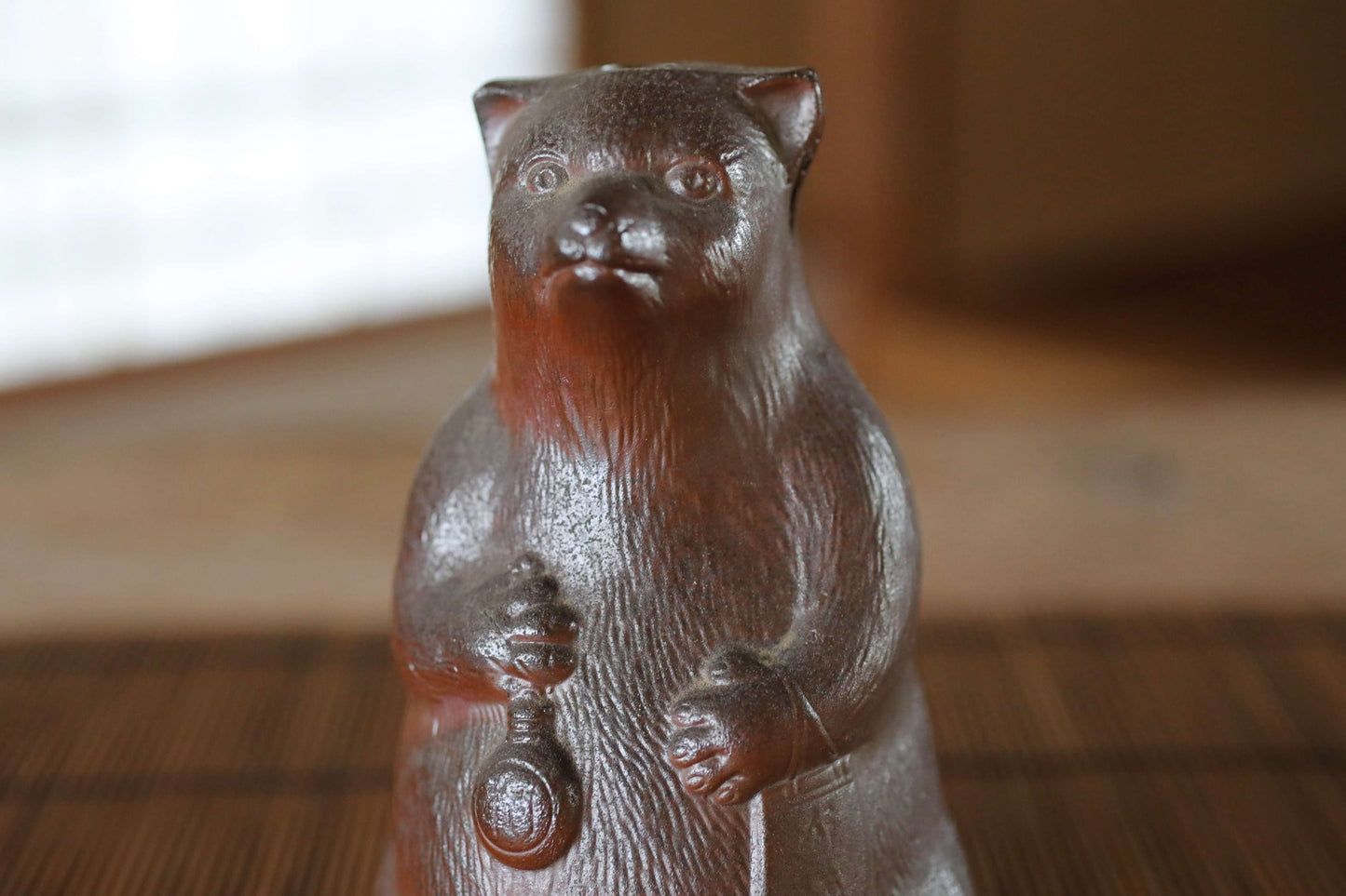 Vintage Bizen Pottery Raccoon Dog Sake Bottle, Japanese animal