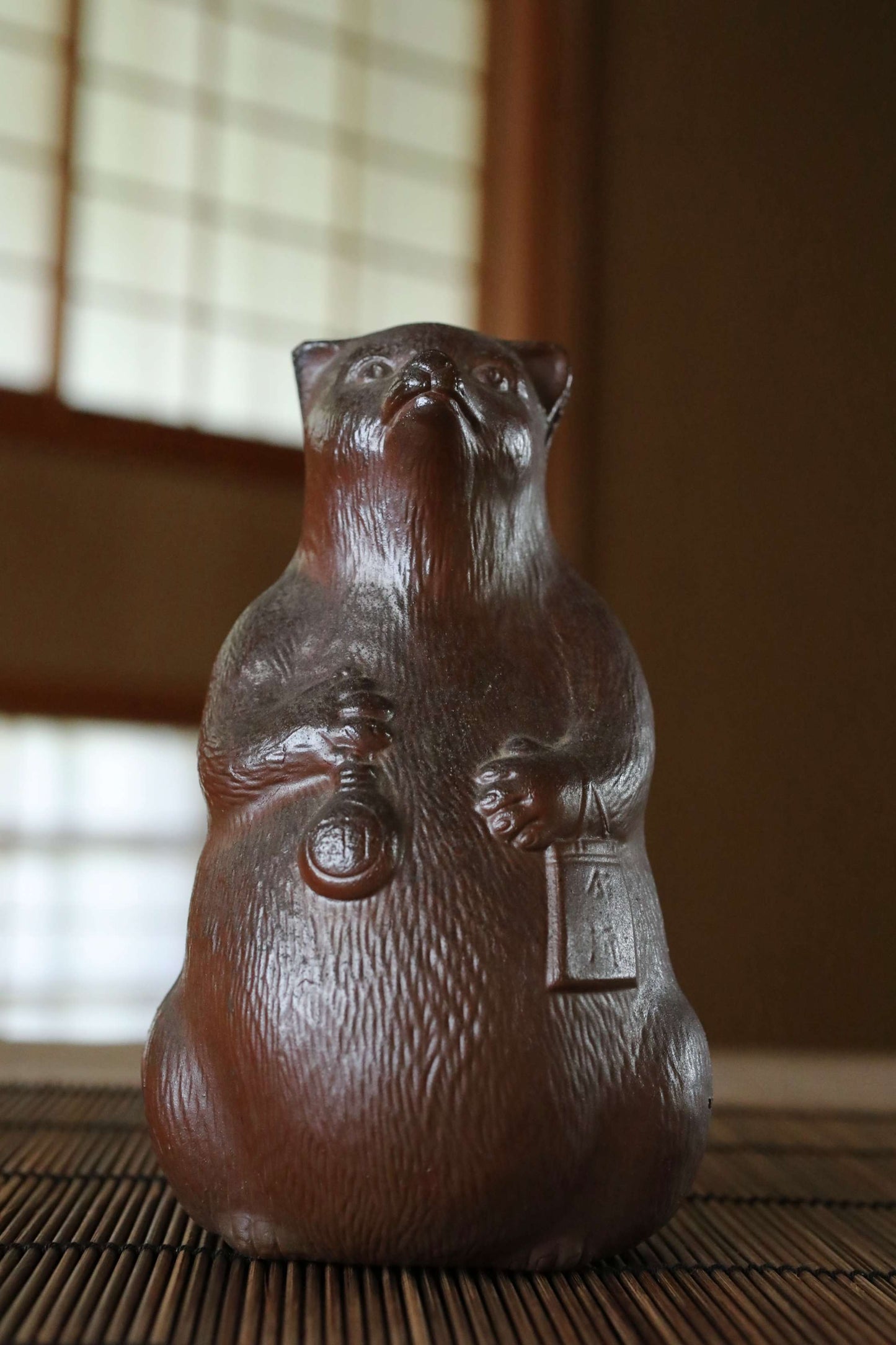 Vintage Bizen Pottery Raccoon Dog Sake Bottle, Japanese animal