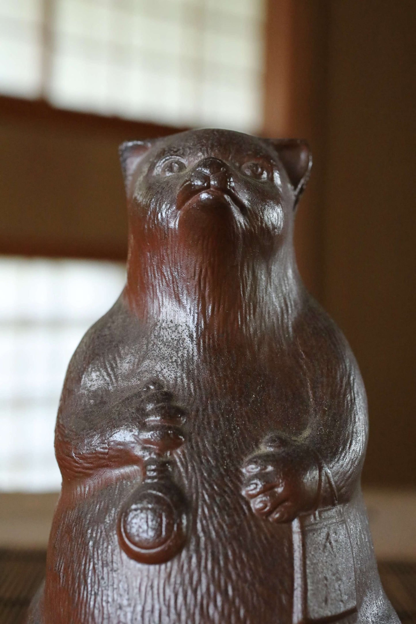 Vintage Bizen Pottery Raccoon Dog Sake Bottle, Japanese animal