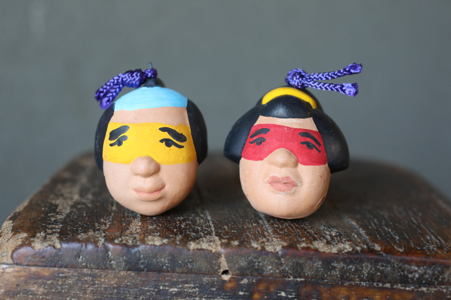 Japanese small pottery bell guys wearing masks ornament Paper weight, Christmas Ornaments Japanese vintage small bell H2in/H5cm