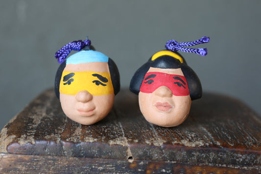 Japanese small pottery bell guys wearing masks ornament Paper weight, Christmas Ornaments Japanese vintage small bell H2in/H5cm