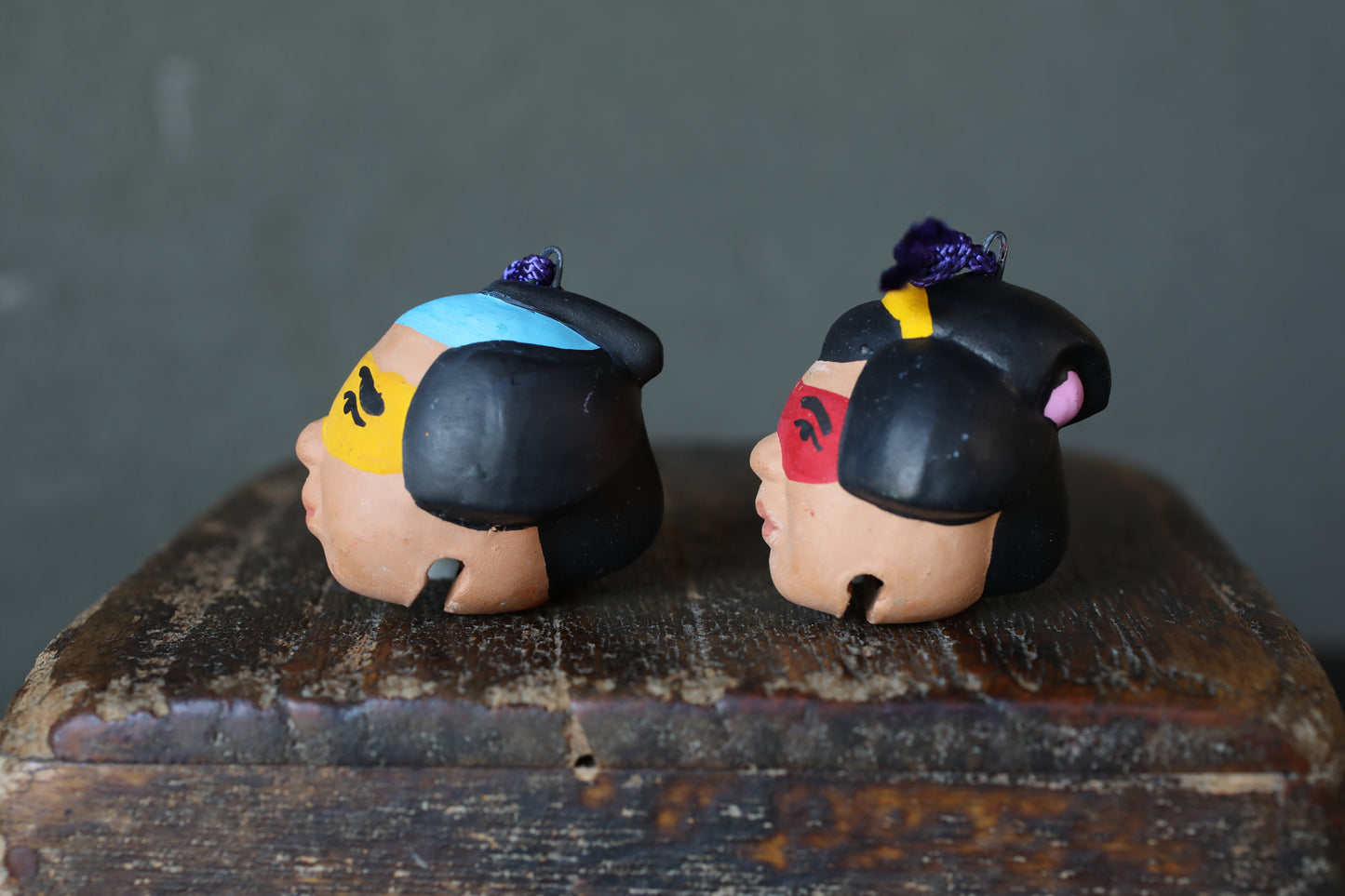 Japanese small pottery bell guys wearing masks ornament Paper weight, Christmas Ornaments Japanese vintage small bell H2in/H5cm