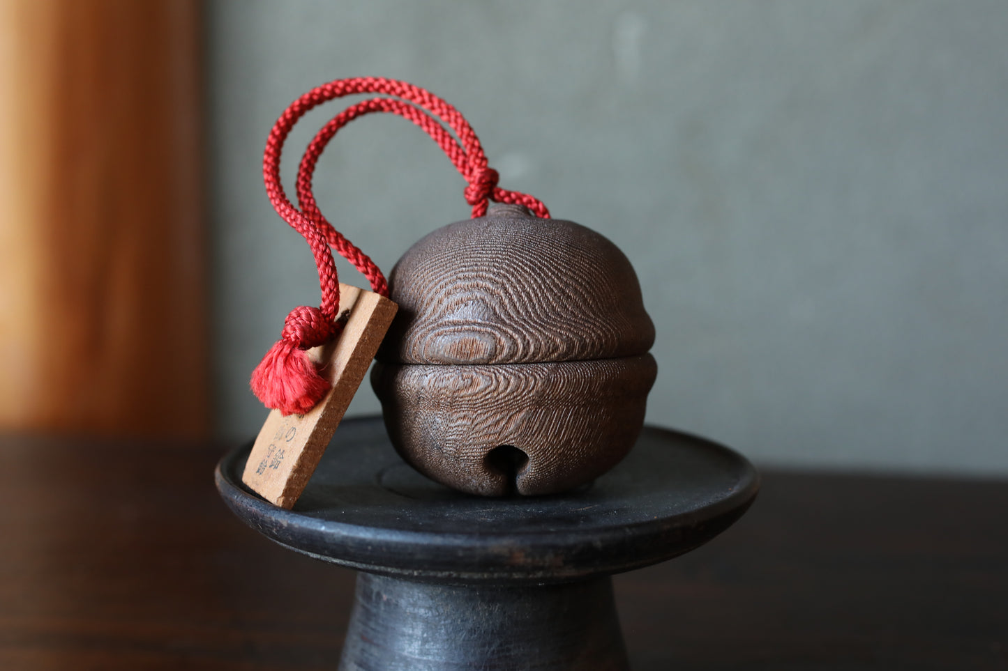Japanese old small metal bell inside a wooden bell to ward off bears, Shinto shrine amulet H2.4in/H6cm