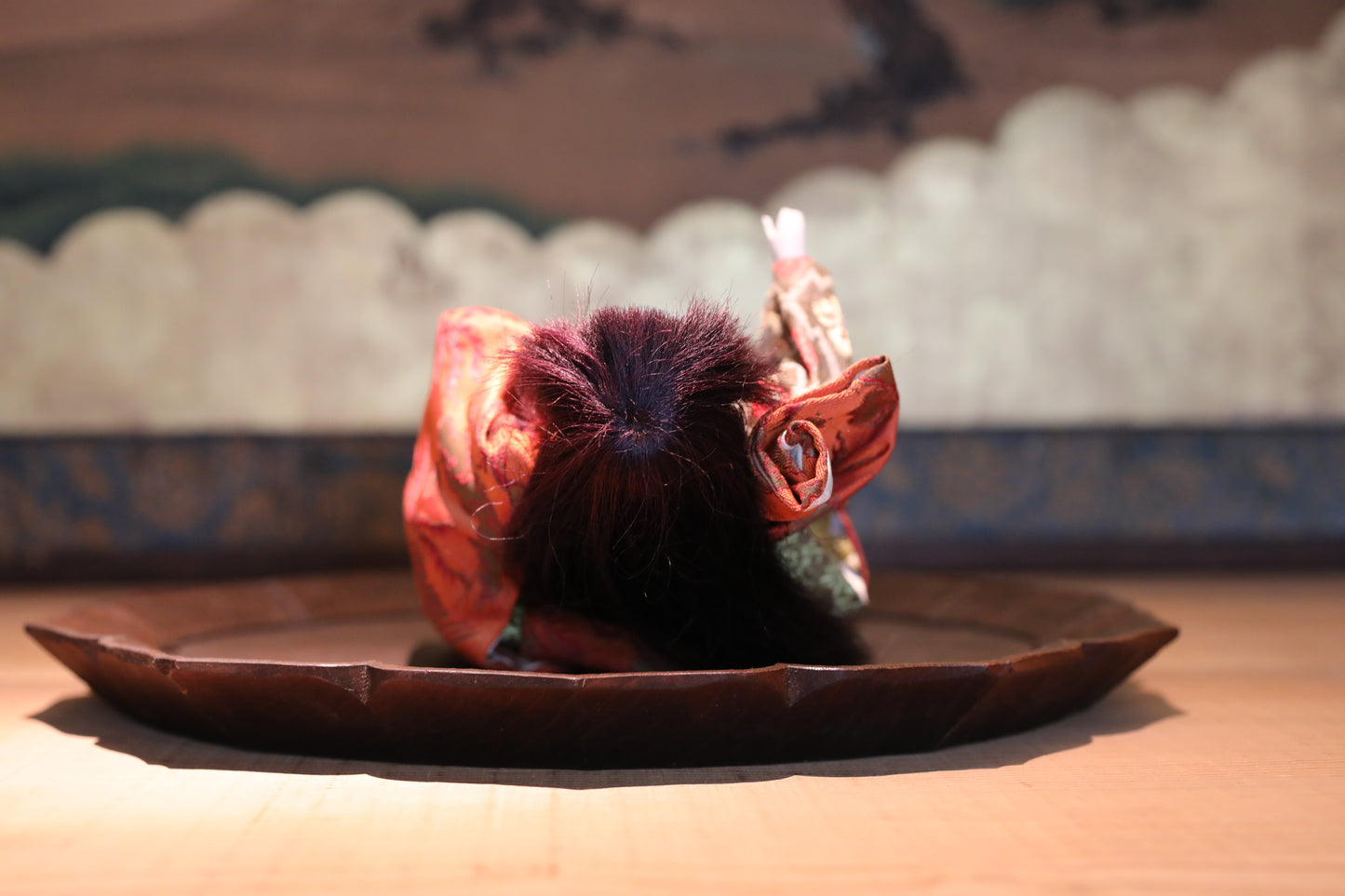 FINE! RARE! Japanese vintage Noh doll red mask Dancing Child Spirit "天鼓” made of wood and silk KIMONO for Gift H8.7×4.7in/H22×12cm