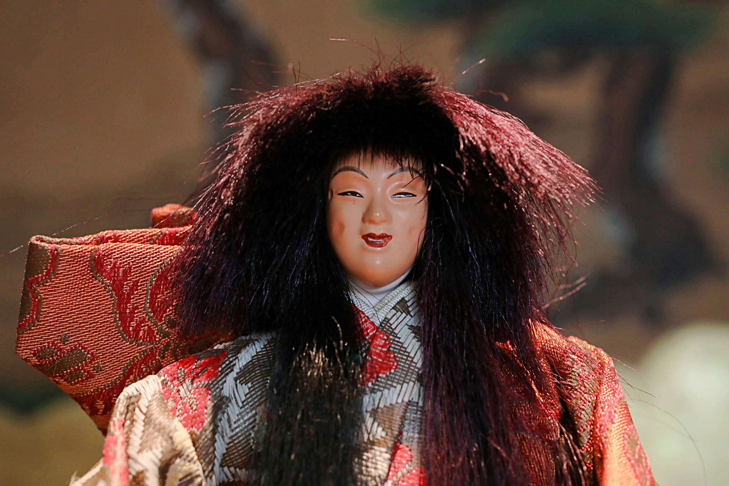 FINE! RARE! Japanese vintage Noh doll red mask Dancing Child Spirit "天鼓” made of wood and silk KIMONO for Gift H8.7×4.7in/H22×12cm