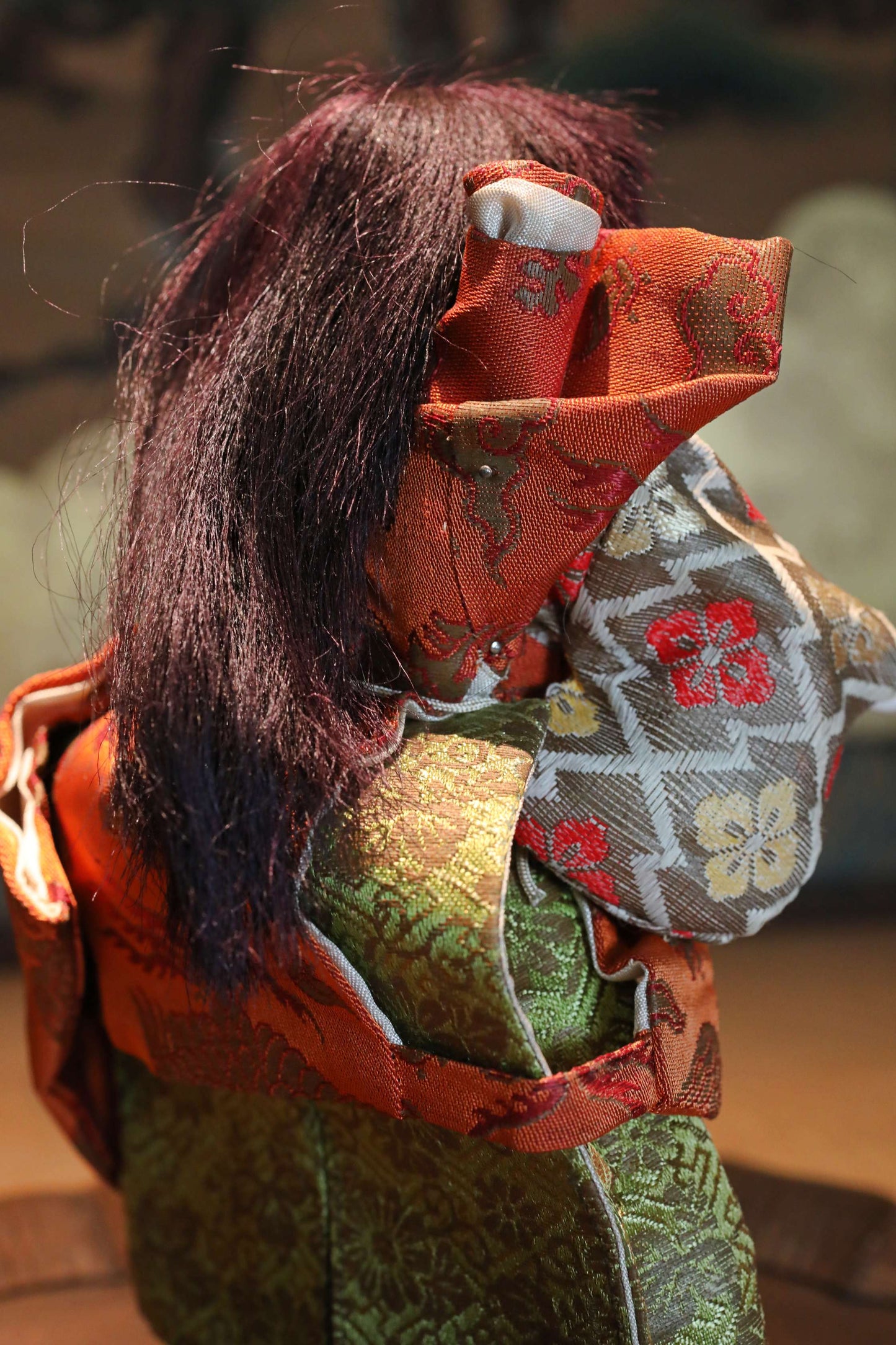 FINE! RARE! Japanese vintage Noh doll red mask Dancing Child Spirit "天鼓” made of wood and silk KIMONO for Gift H8.7×4.7in/H22×12cm