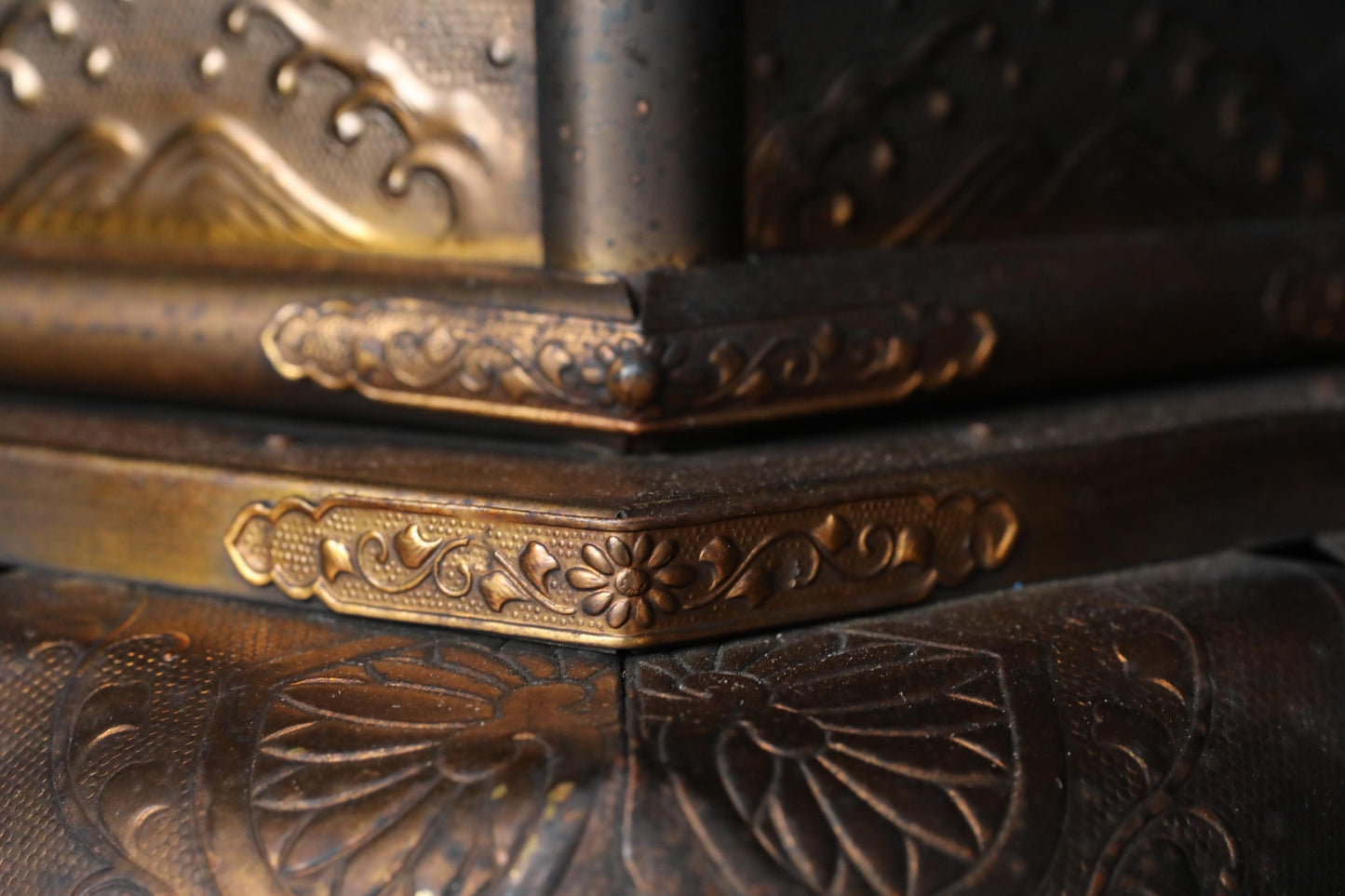 Japanese Antique Lantern - Bronze Hanging Hexagonal Temple Lantern with Lotus Fretwork Design