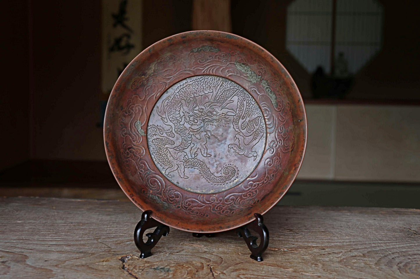 FINE! Japanese Antique 1800s buddhist monk plate with a relief of Dragon and clouds with wooden stand, For GIFT 9.8in/25cm