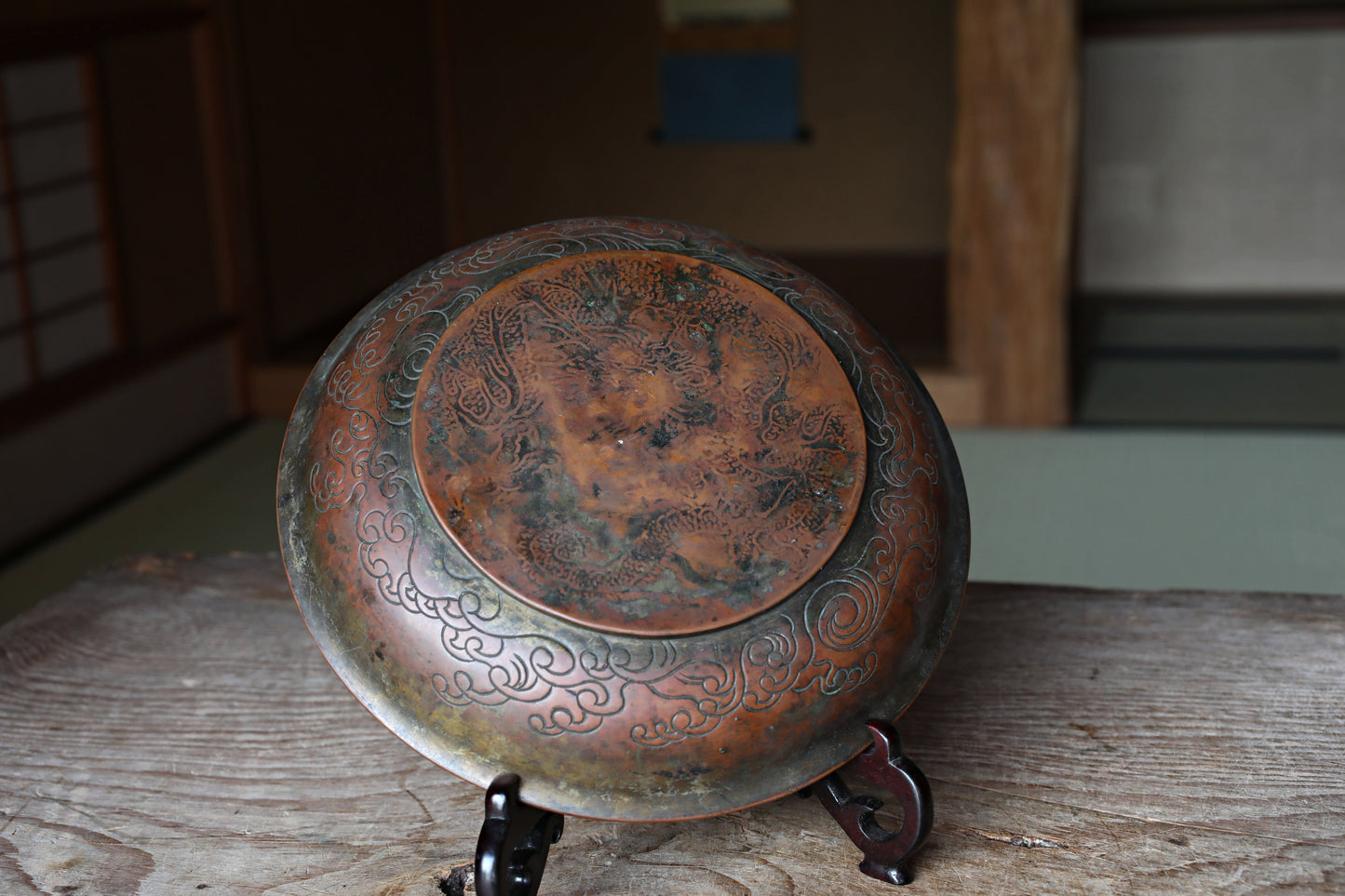 FINE! Japanese Antique 1800s buddhist monk plate with a relief of Dragon and clouds with wooden stand, For GIFT 9.8in/25cm