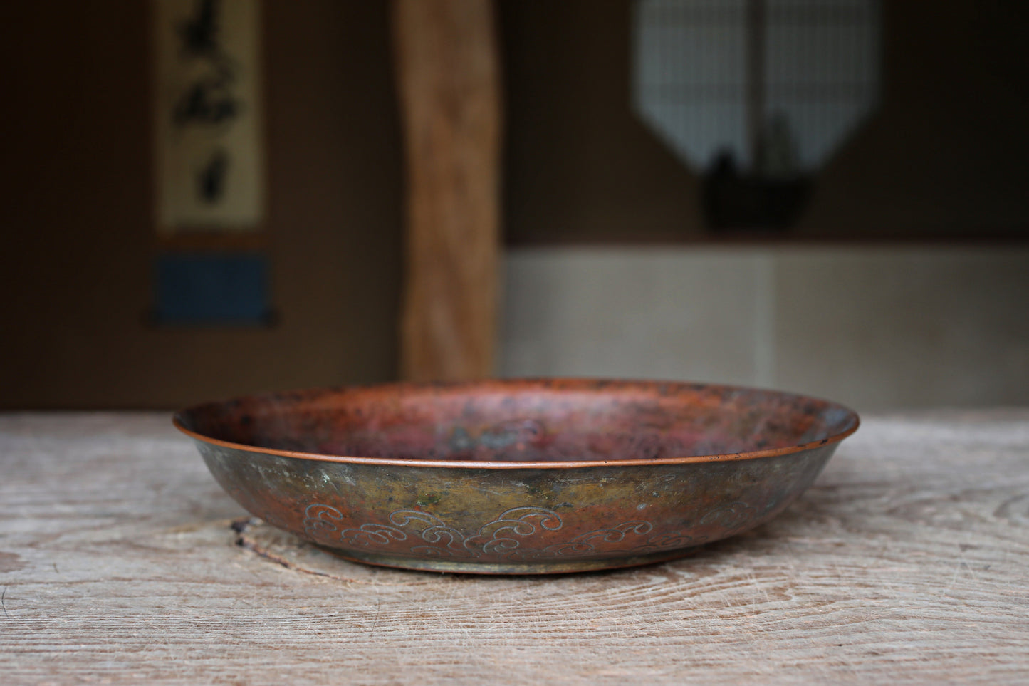 FINE! Japanese Antique 1800s buddhist monk plate with a relief of Dragon and clouds with wooden stand, For GIFT 9.8in/25cm