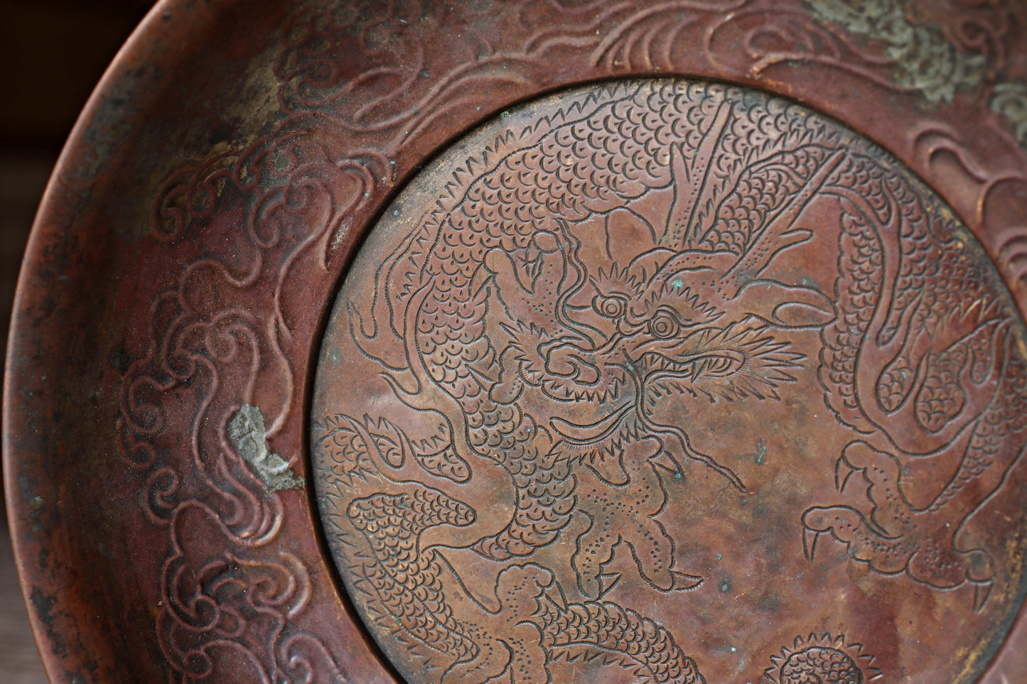 FINE! Japanese Antique 1800s buddhist monk plate with a relief of Dragon and clouds with wooden stand, For GIFT 9.8in/25cm