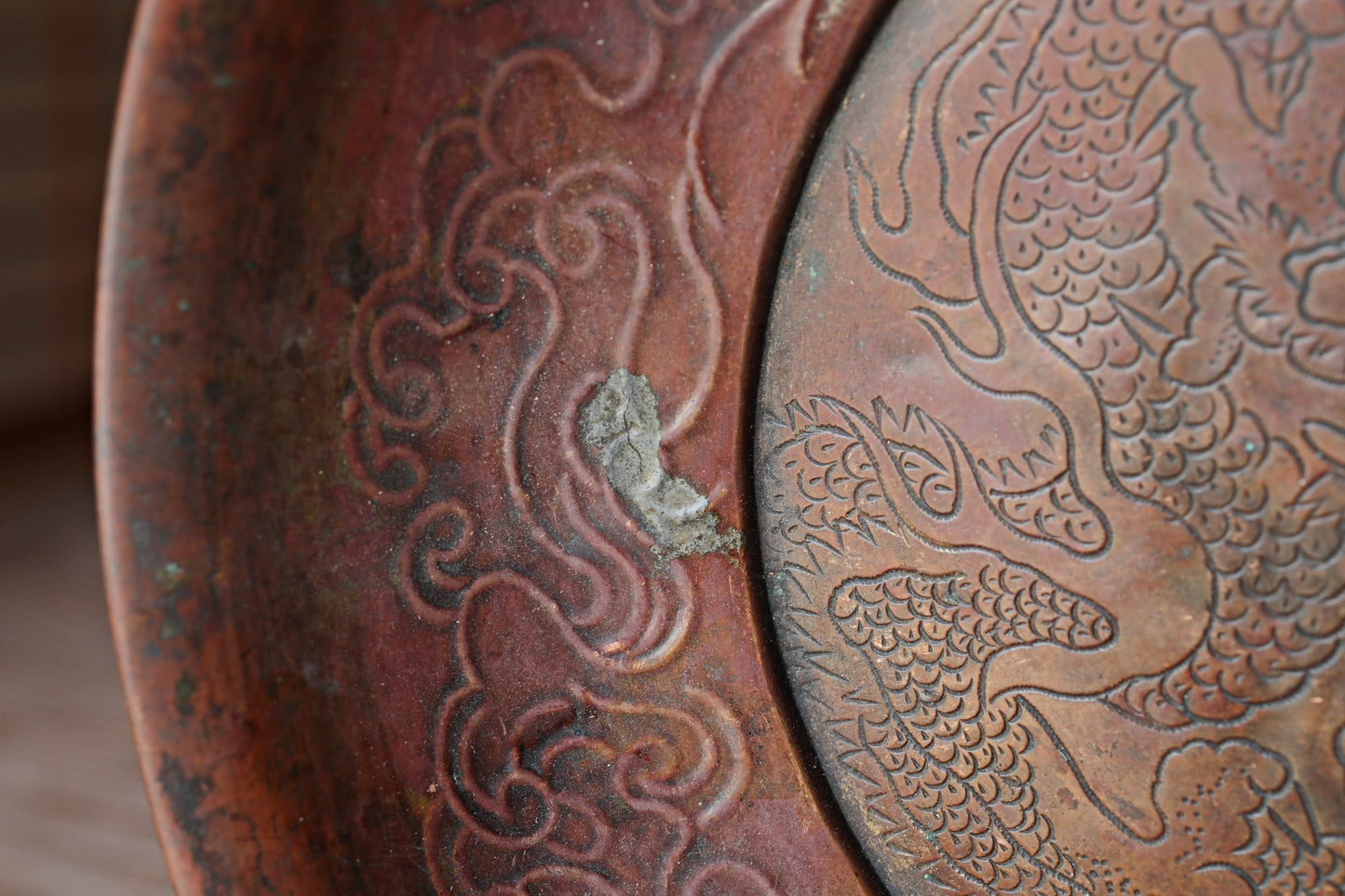 FINE! Japanese Antique 1800s buddhist monk plate with a relief of Dragon and clouds with wooden stand, For GIFT 9.8in/25cm