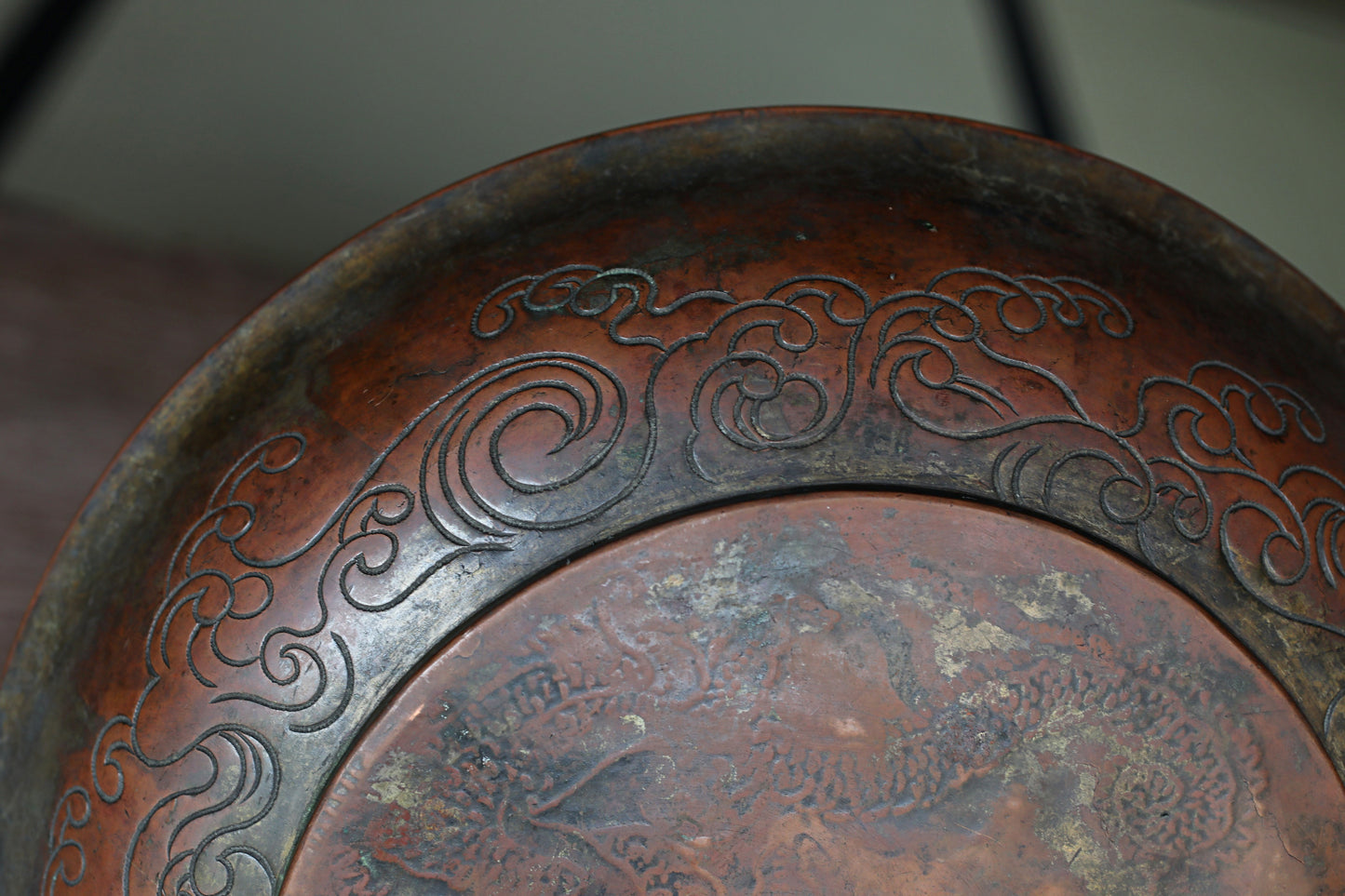 FINE! Japanese Antique 1800s buddhist monk plate with a relief of Dragon and clouds with wooden stand, For GIFT 9.8in/25cm