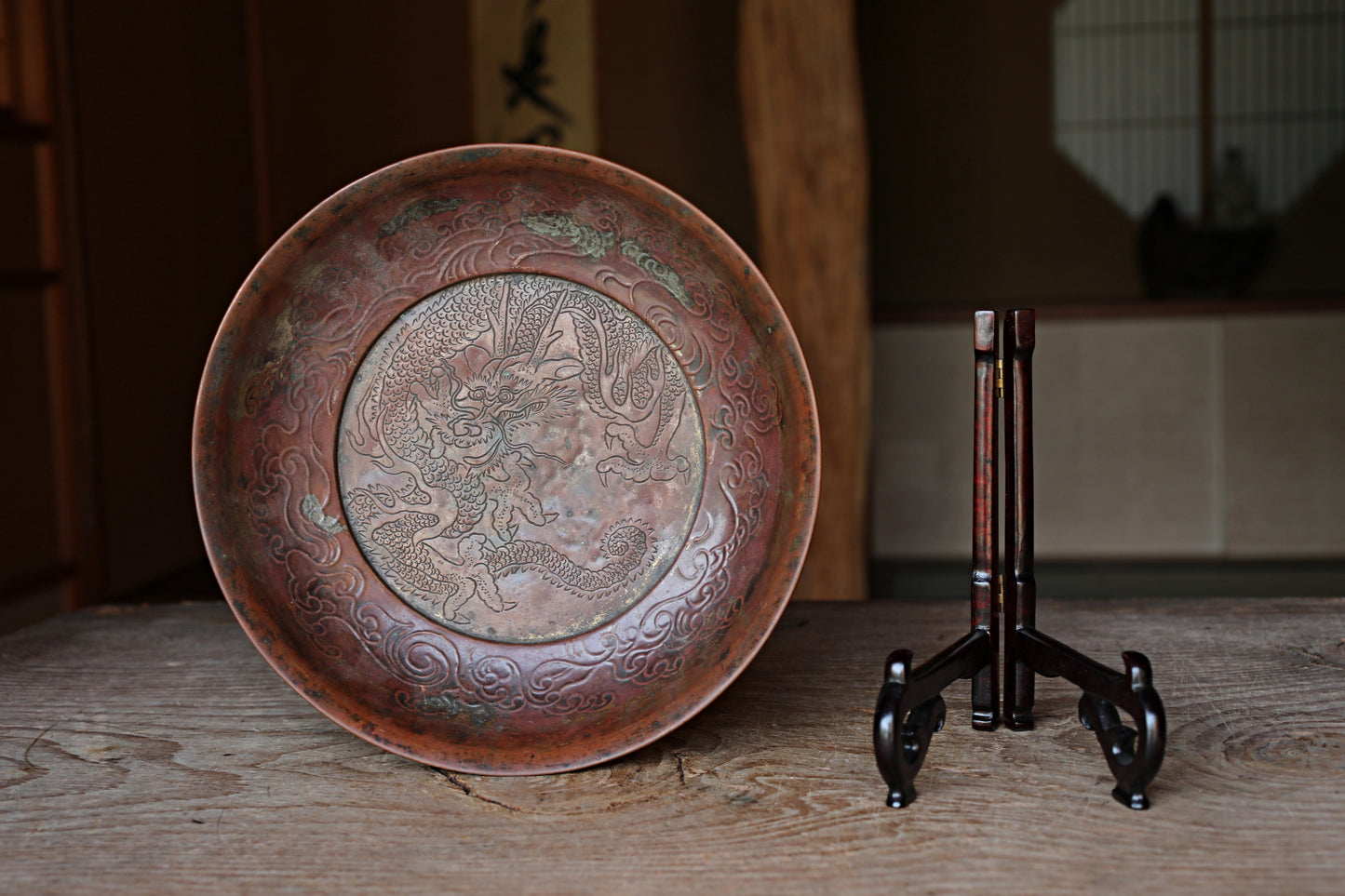 FINE! Japanese Antique 1800s buddhist monk plate with a relief of Dragon and clouds with wooden stand, For GIFT 9.8in/25cm