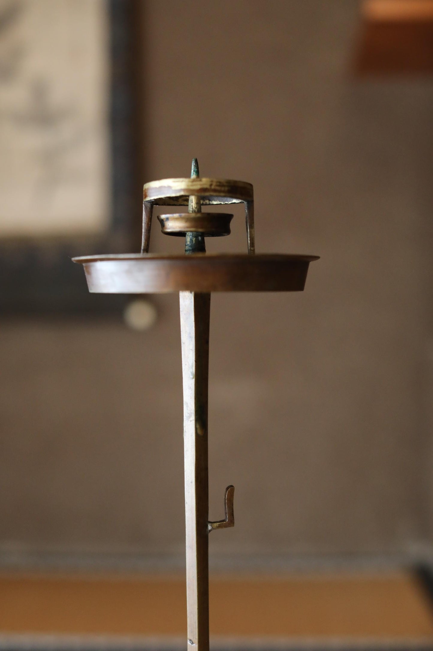 Japanese Bronze Candle Stand - Antique Samurai Temple Lantern With Openwork Family Crest Design