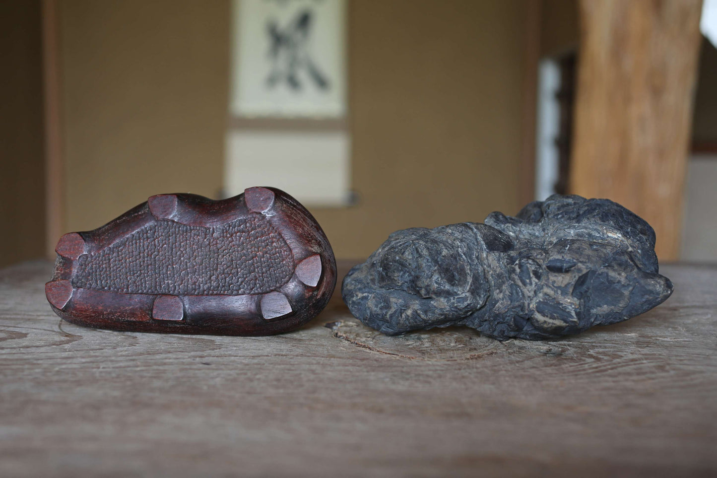 Japanese Suiseki Stone, organic form, Hand Carved Pedestal, Indoor Viewing Power Stone