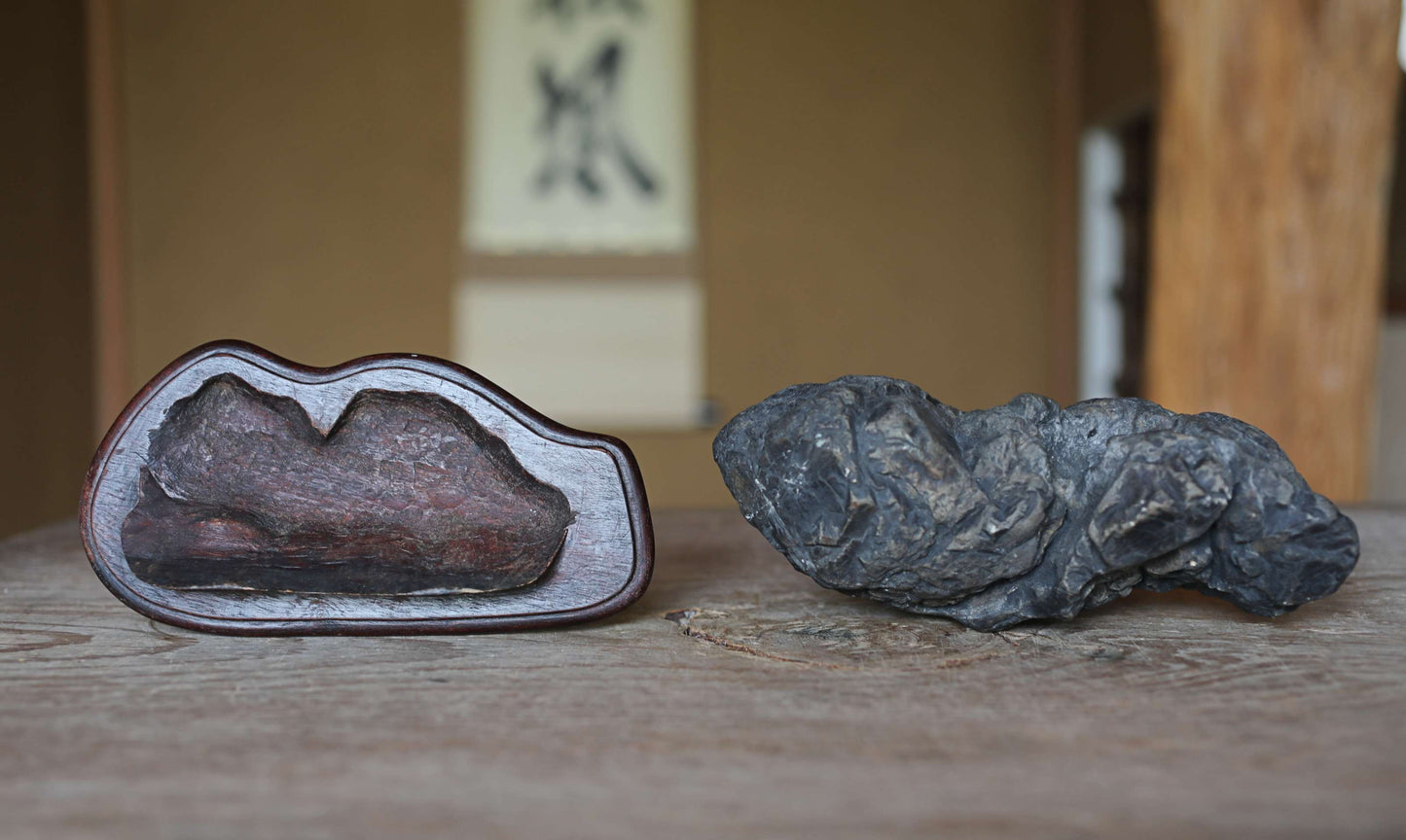 Japanese Suiseki Stone, organic form, Hand Carved Pedestal, Indoor Viewing Power Stone