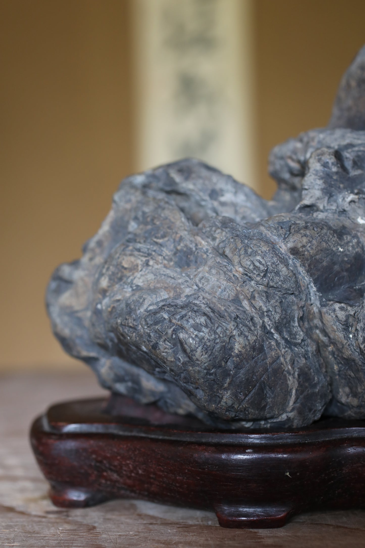 Japanese Suiseki Stone, organic form, Hand Carved Pedestal, Indoor Viewing Power Stone