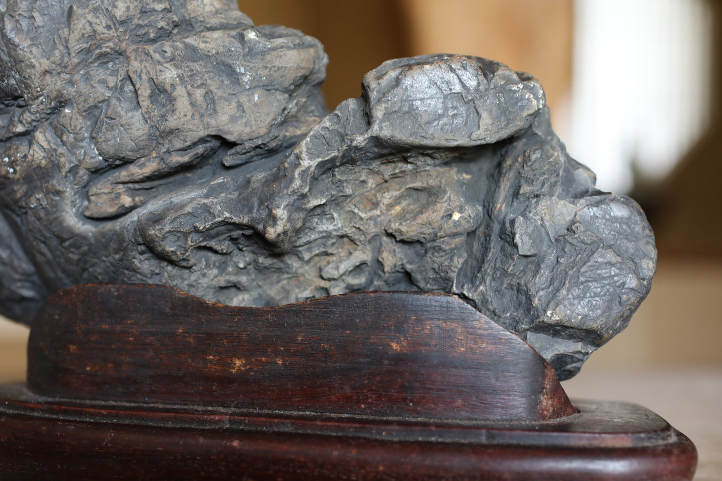 Japanese Suiseki Stone, organic form, Hand Carved Pedestal, Indoor Viewing Power Stone