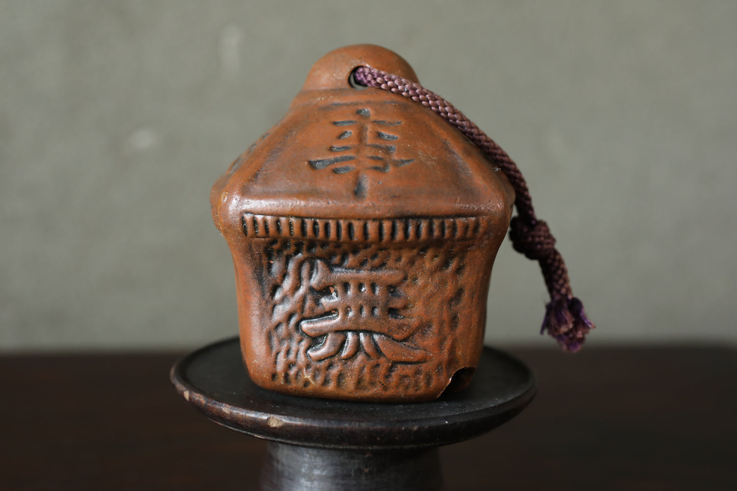 Japanese small pottery bell old house shaped amulet with Kanji Buddhist fortunate words Ornaments vintage small bell H3.9in/10cm