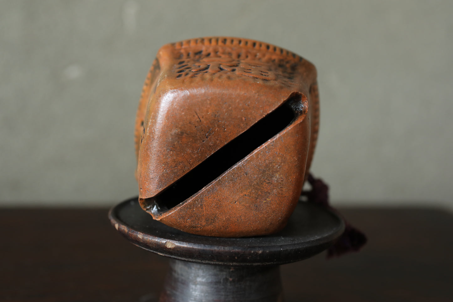 Japanese small pottery bell old house shaped amulet with Kanji Buddhist fortunate words Ornaments vintage small bell H3.9in/10cm