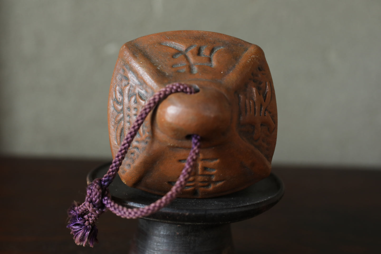 Japanese small pottery bell old house shaped amulet with Kanji Buddhist fortunate words Ornaments vintage small bell H3.9in/10cm