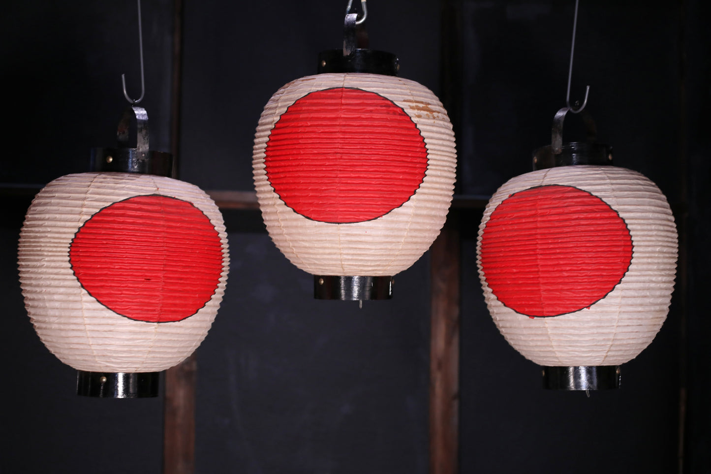 Japanese vintage hanging paper lantern with red circle Candle holder for the shrine Festival Light offered to God "chouchin" H16.1in/H41cm