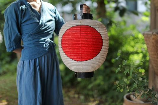 Japanese vintage hanging paper lantern with red circle Candle holder for the shrine Festival Light offered to God "chouchin" H16.1in/H41cm