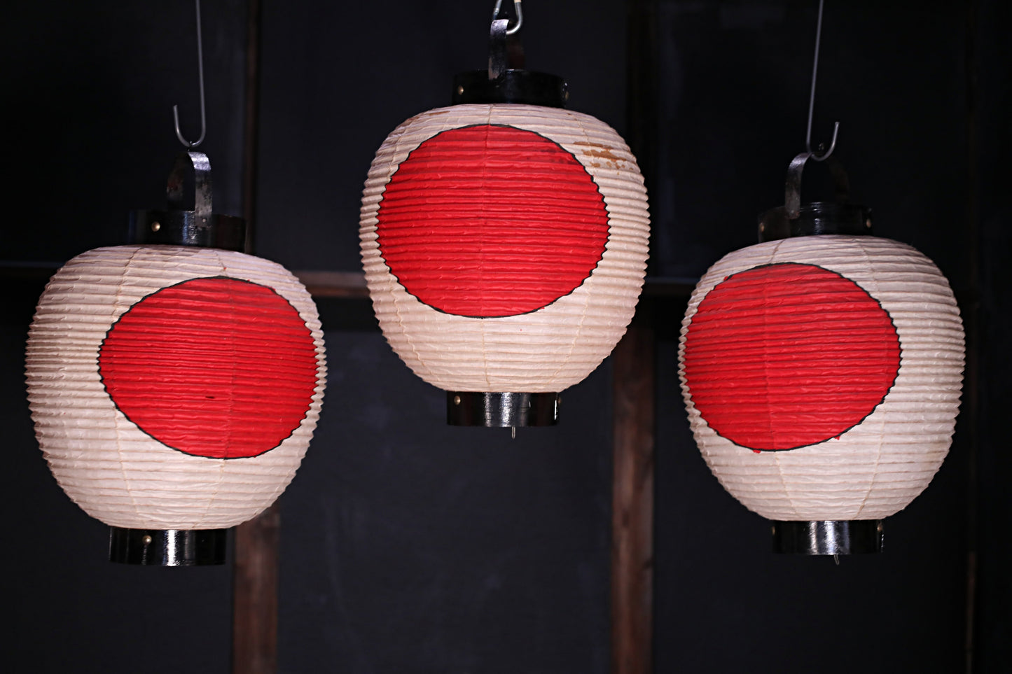 Japanese vintage hanging paper lantern with red circle Candle holder for the shrine Festival Light offered to God "chouchin" H16.1in/H41cm
