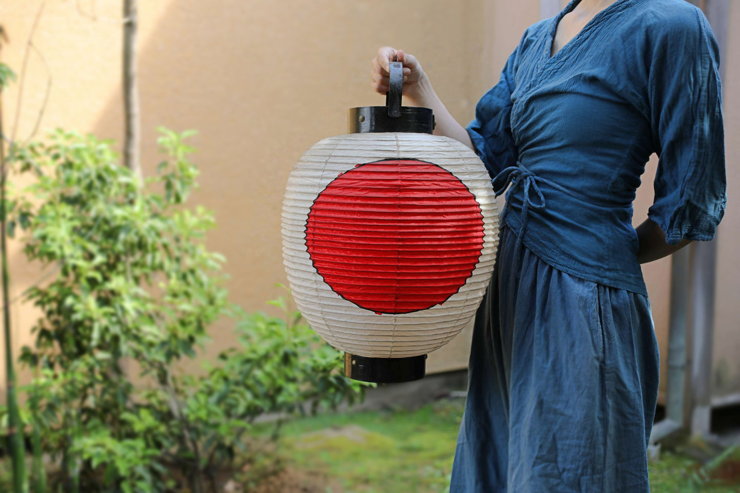 Japanese vintage hanging paper lantern with red circle Candle holder for the shrine Festival Light offered to God "chouchin" H16.1in/H41cm