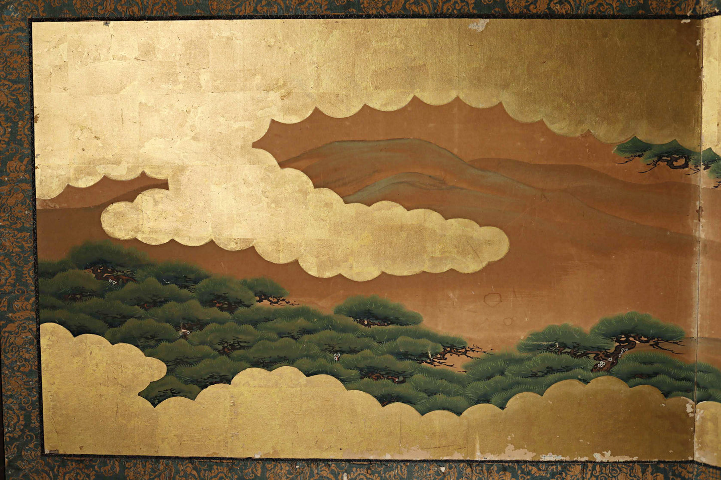 FINE! Japanese antique furniture 1800s EDO Byobu wind screen hand painting, Real Gold Clouds with pine tree W74in/H188cm