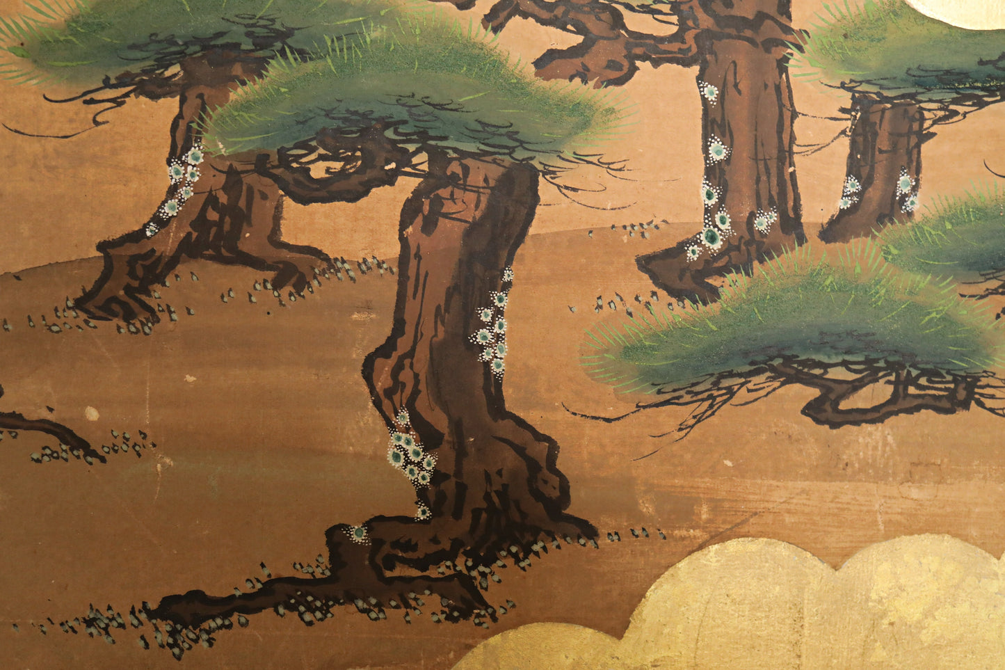 FINE! Japanese antique furniture 1800s EDO Byobu wind screen hand painting, Real Gold Clouds with pine tree W74in/H188cm
