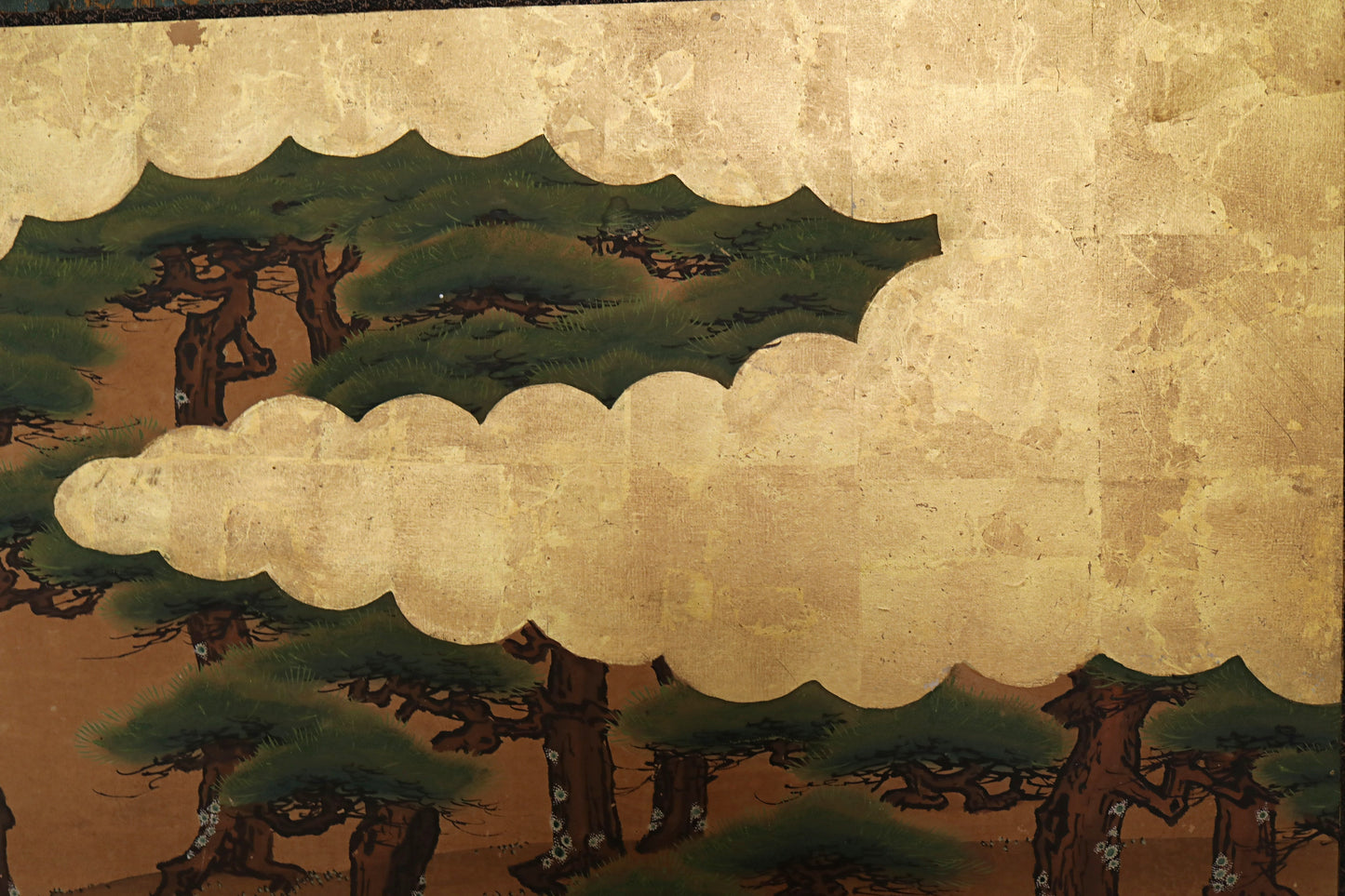 FINE! Japanese antique furniture 1800s EDO Byobu wind screen hand painting, Real Gold Clouds with pine tree W74in/H188cm