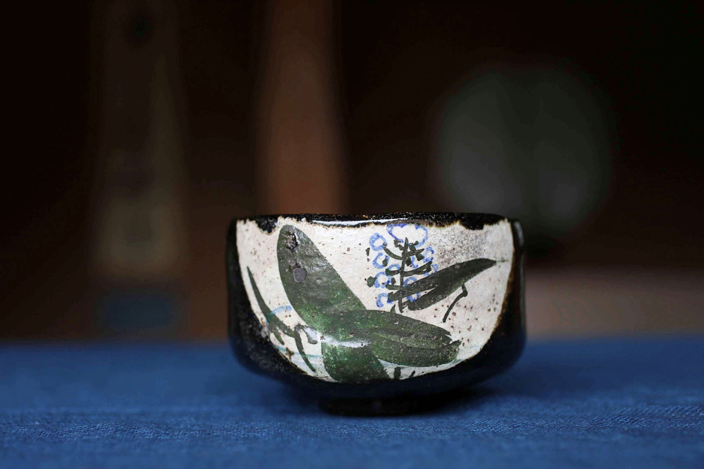 Matcha bowl Japanese vintage CHAWAN "kenzan" kyo-ware with flower, Signed, Tea Ceremony with a box