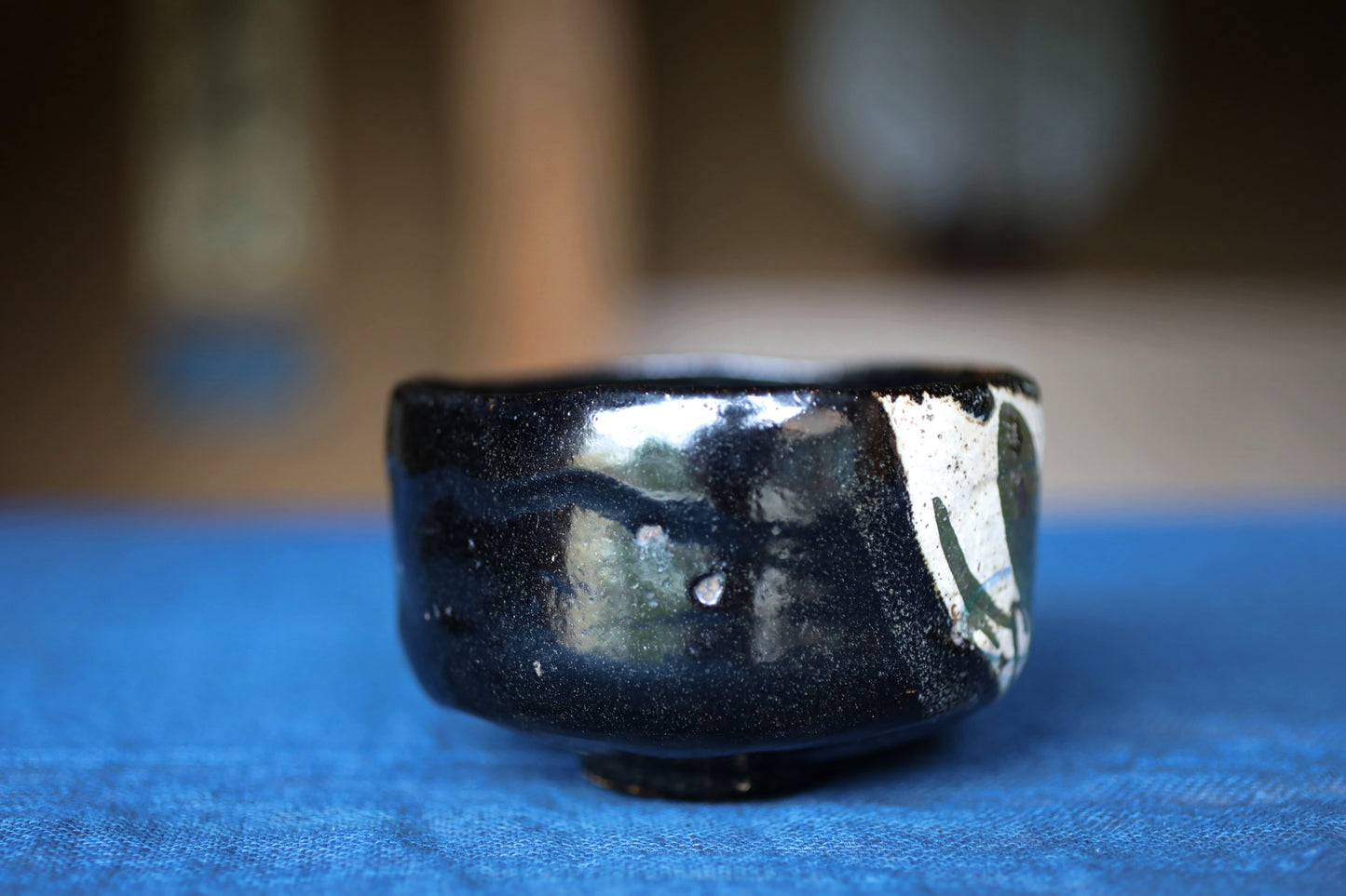 Matcha bowl Japanese vintage CHAWAN "kenzan" kyo-ware with flower, Signed, Tea Ceremony with a box